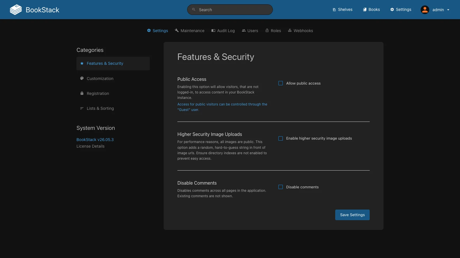 Feature and Security Settings (Dark)