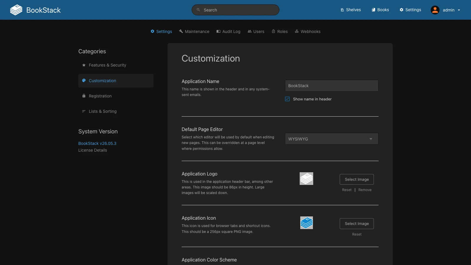 Customization Settings (Dark)