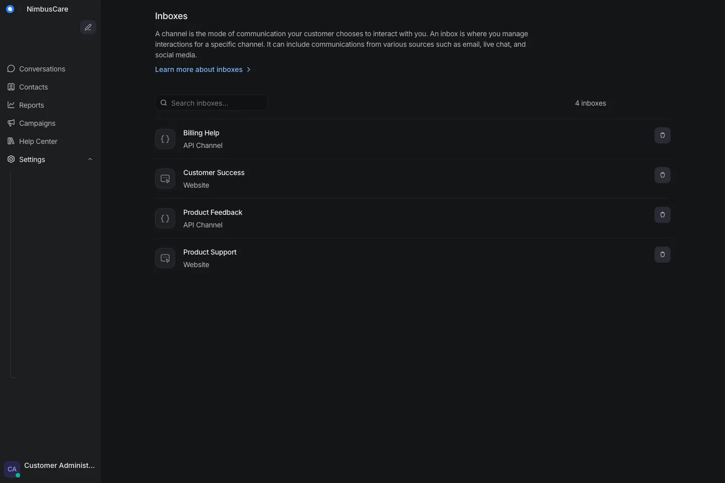 Settings Inboxes - Desktop Dark