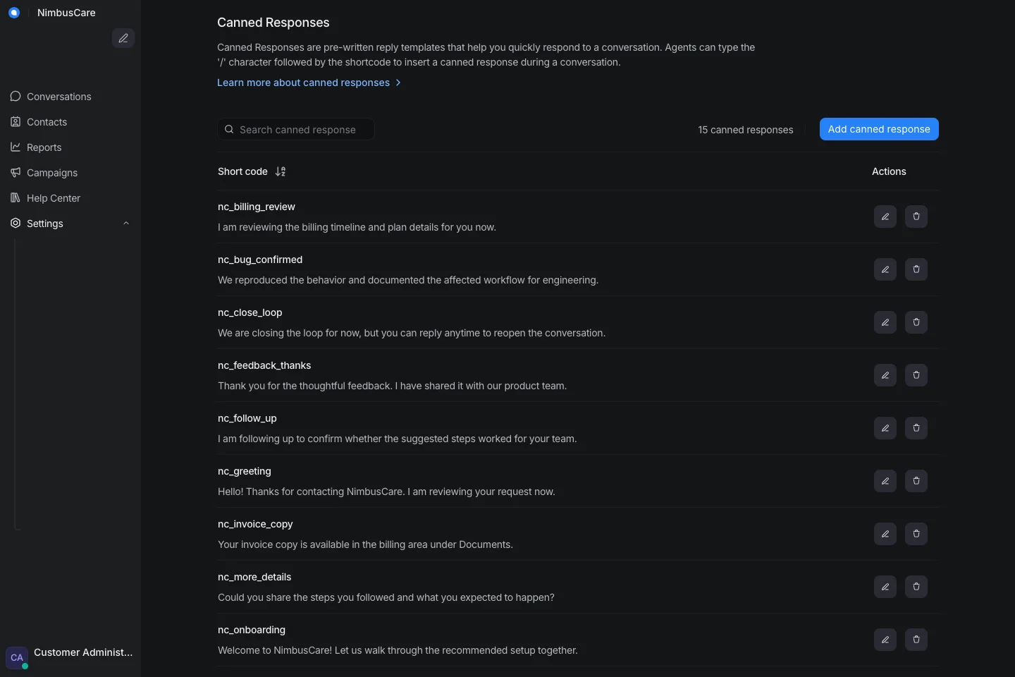 Canned Responses - Desktop Dark