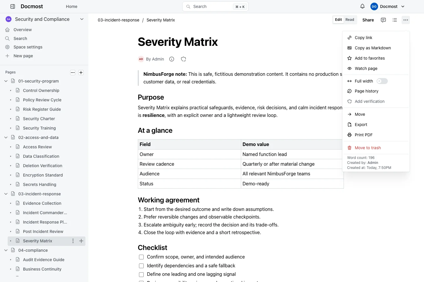 Severity Page Actions