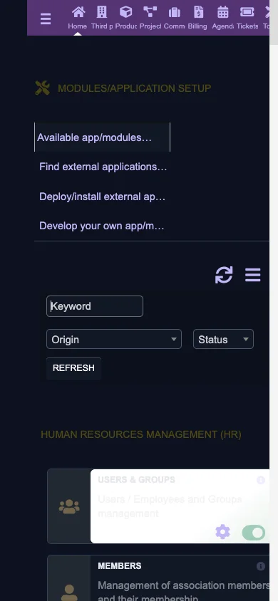 Application modules setup (Mobile 1x Dark)