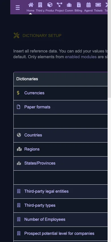 Business dictionaries settings (Mobile 1x Dark)