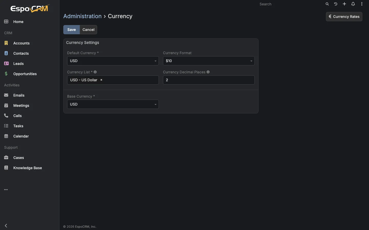 Currency settings