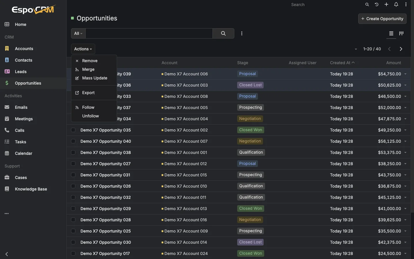 Opportunity bulk selection and actions