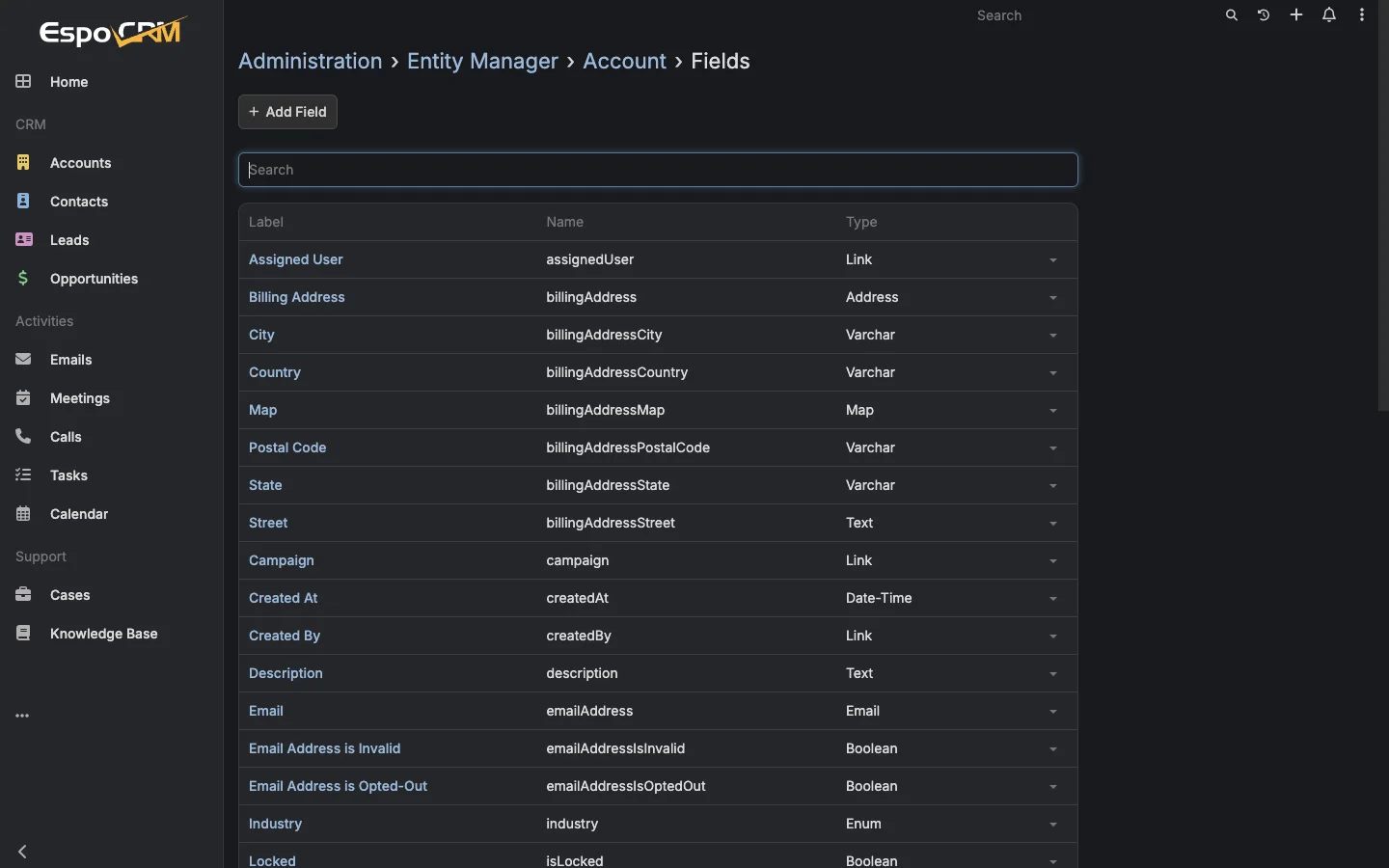 Entity field configuration