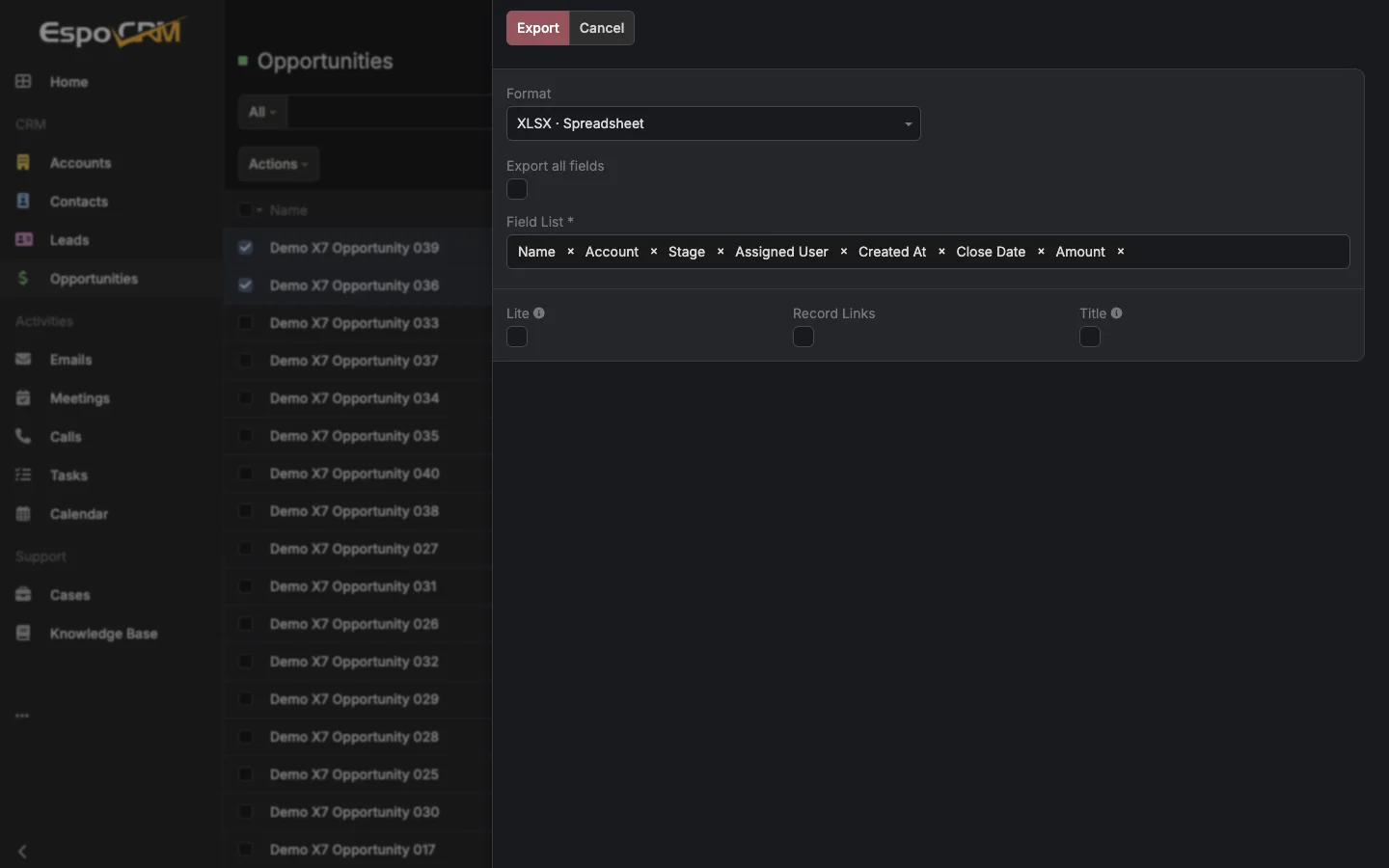 Opportunity export options for selected Demo X7 records