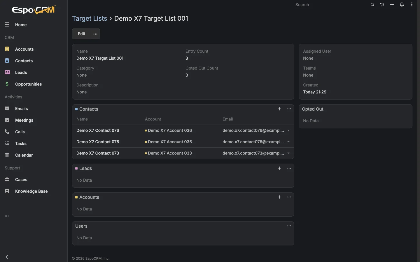 Target list with Demo X7 recipients