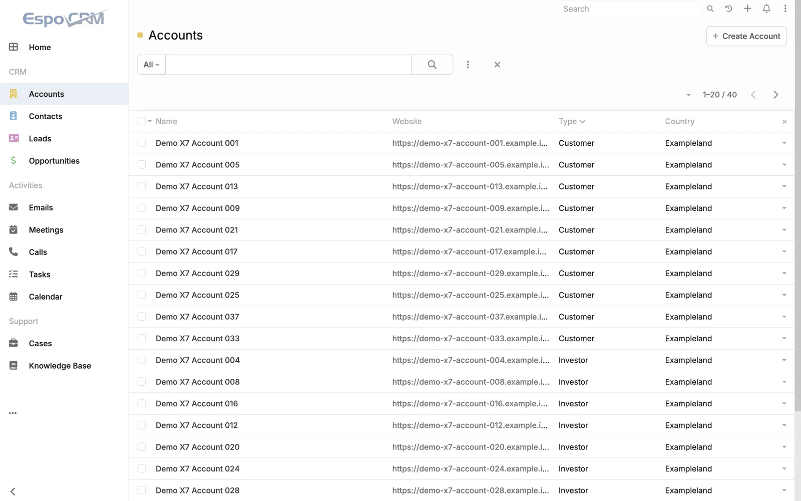 Accounts sorted by type