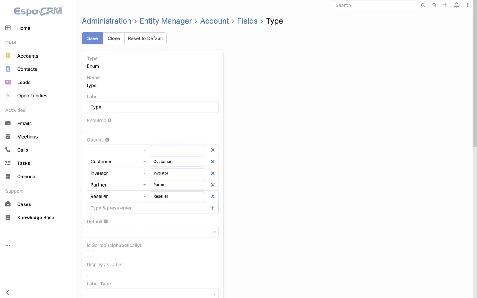 Account type field configuration