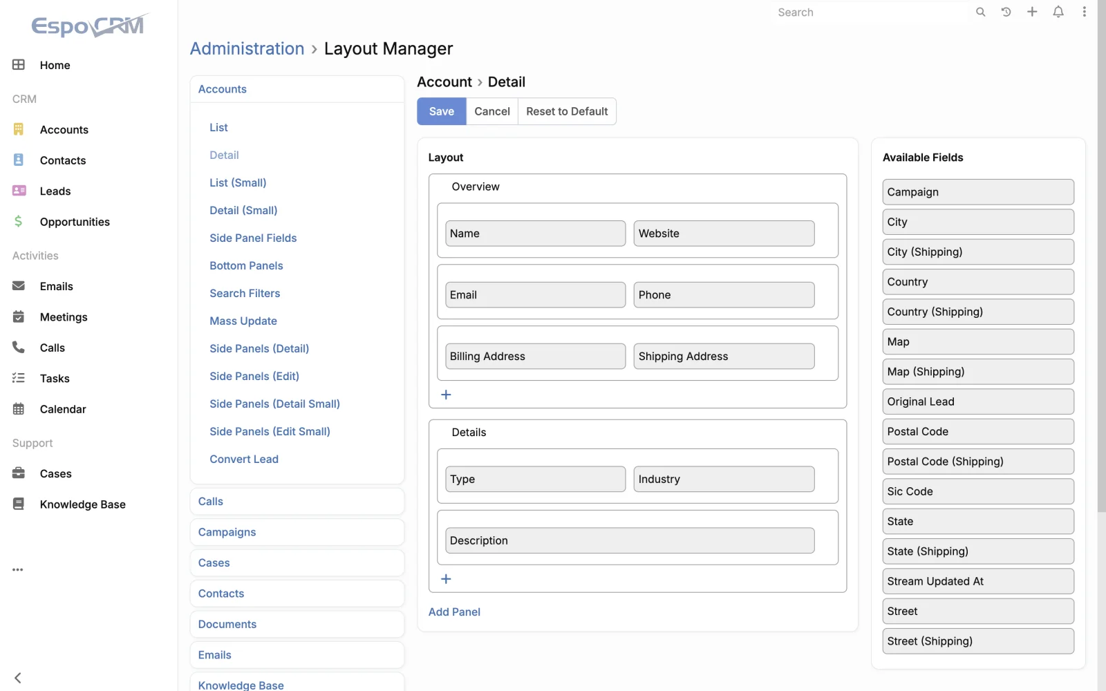 Account detail panel layout