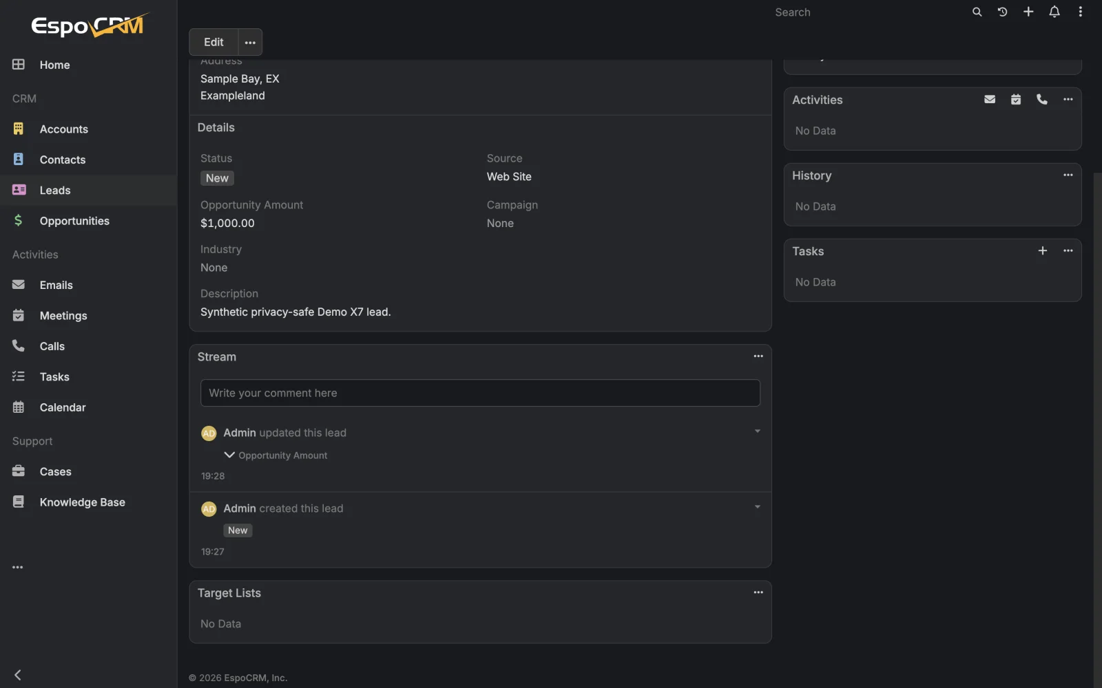 Lead details and activity stream