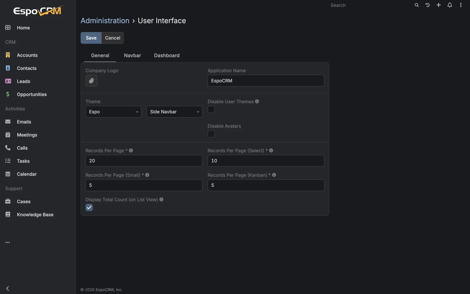 User interface administration settings