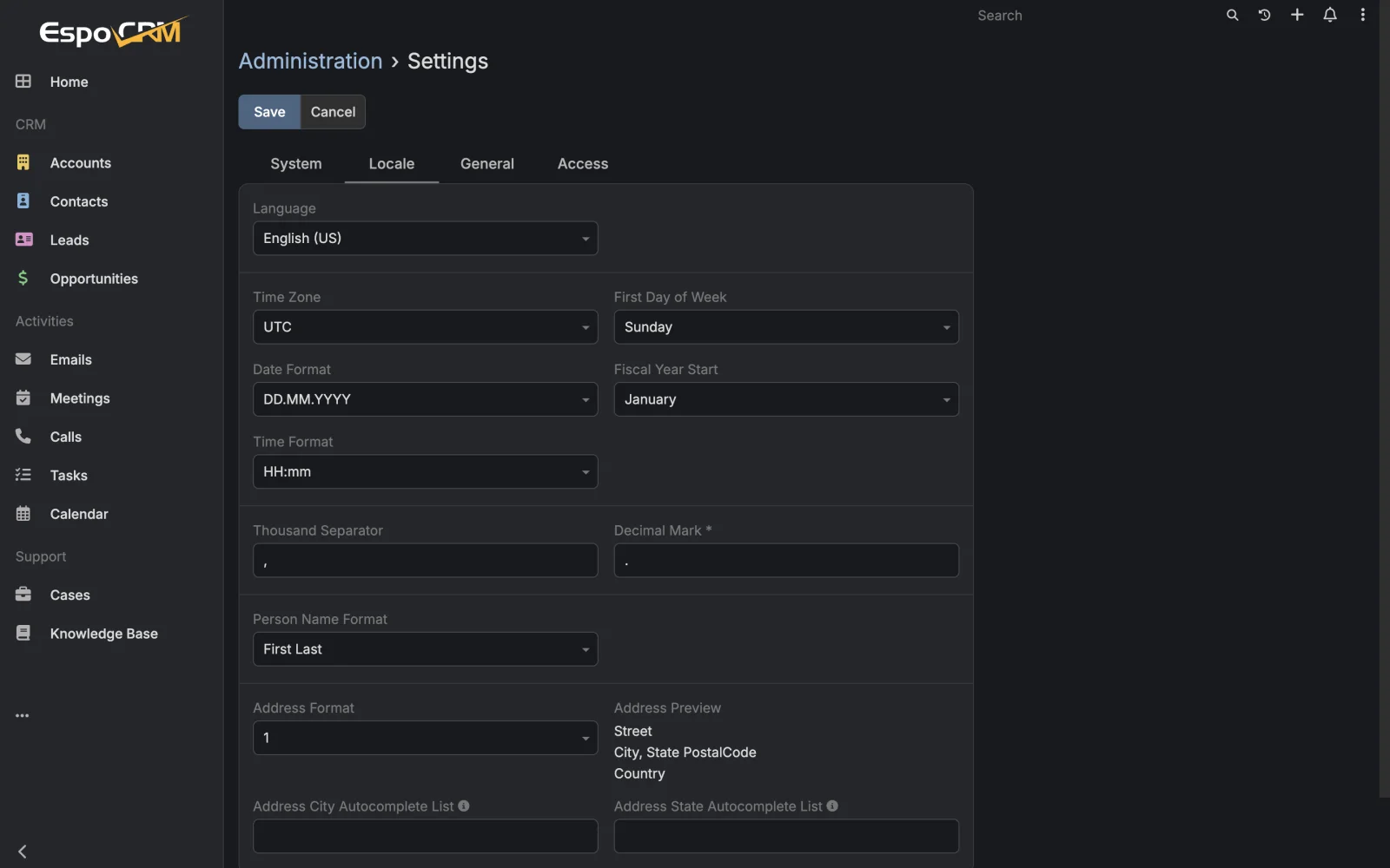 Locale and currency formatting administration
