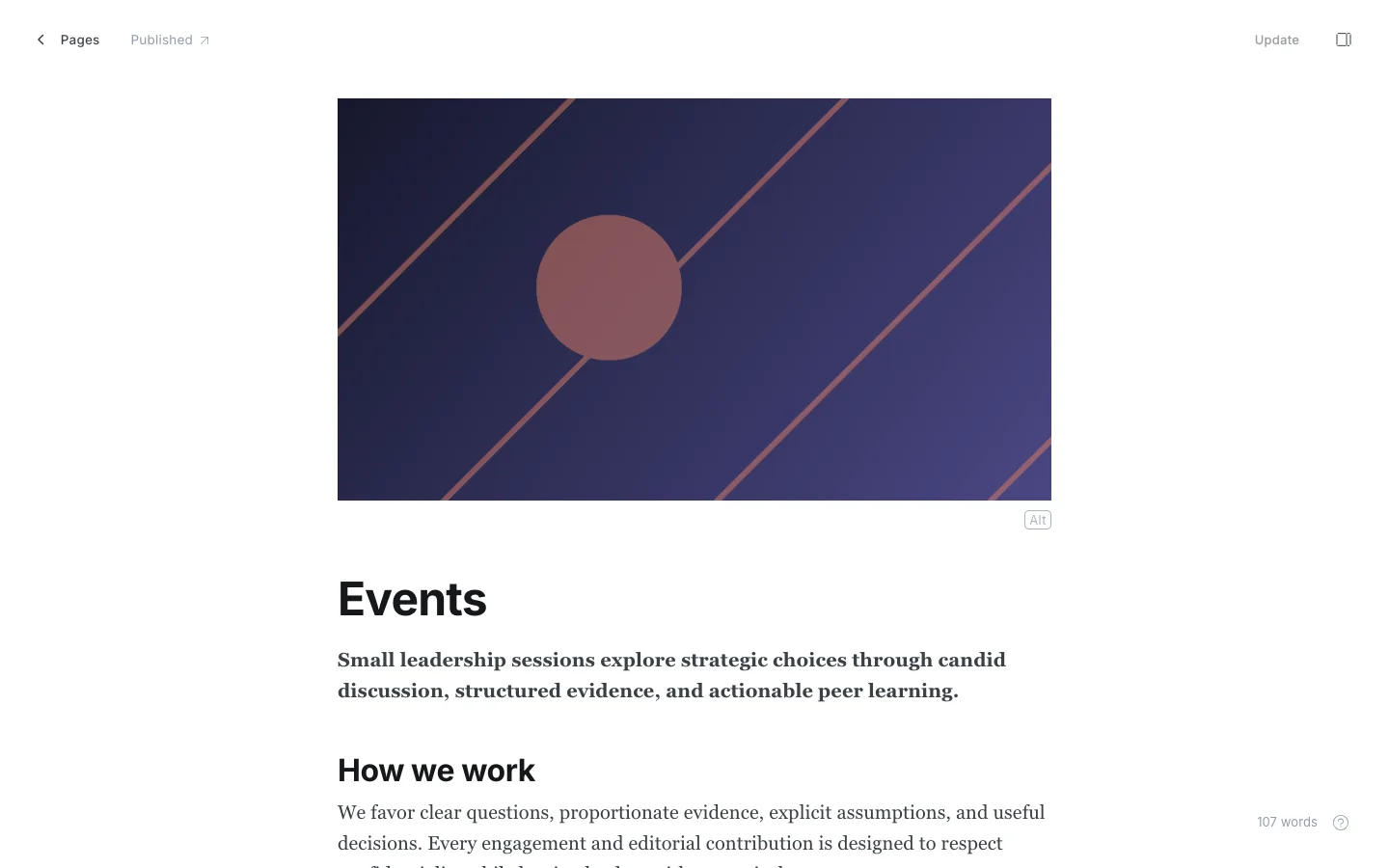 Events Page Editor Image, Introduction, and Structured Body