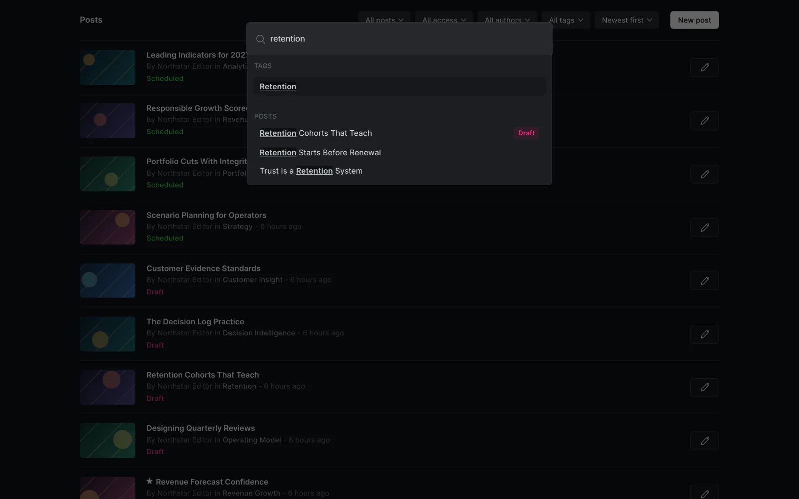 Admin Search Results Workspace for Retention Content