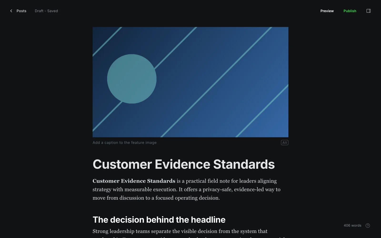 Post Editor Top with Feature Artwork, Title, Excerpt, and Opening Section