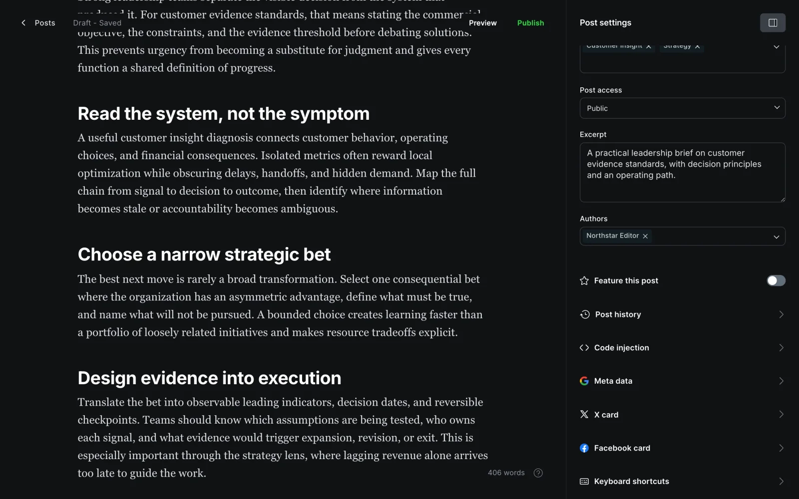 Post Settings Sidebar with Access, Excerpt, Author, and Metadata Controls