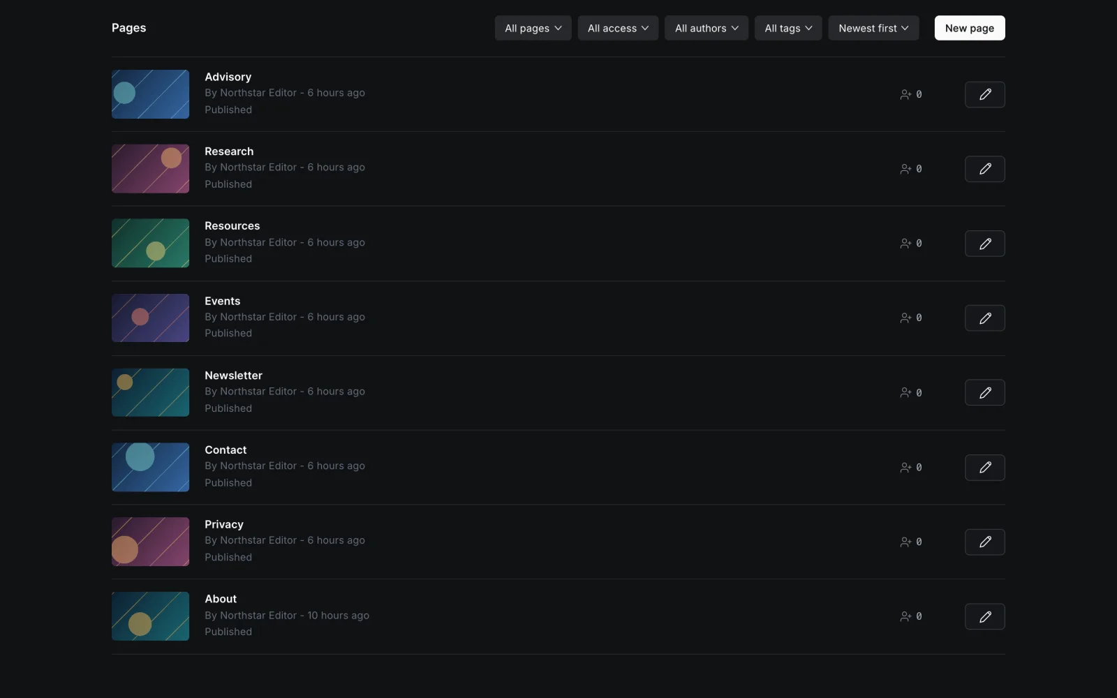 Published Pages List with Varied Artwork and Status Rows