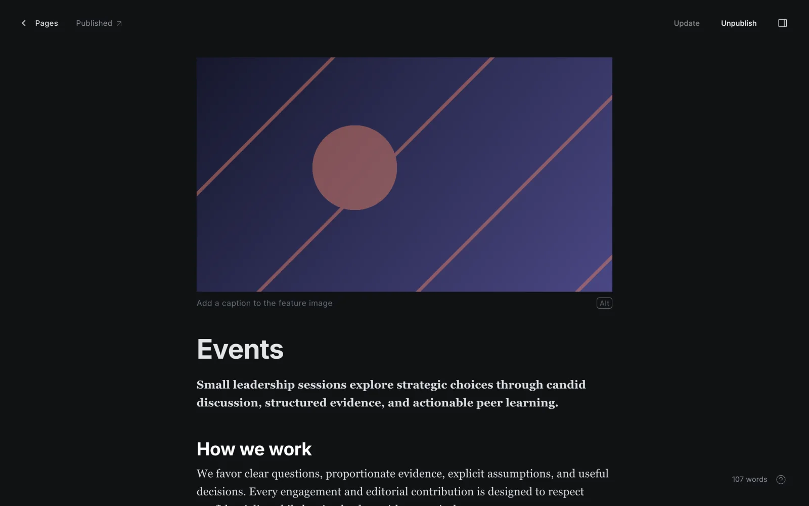 Events Page Editor with Feature Artwork and Structured Page Body