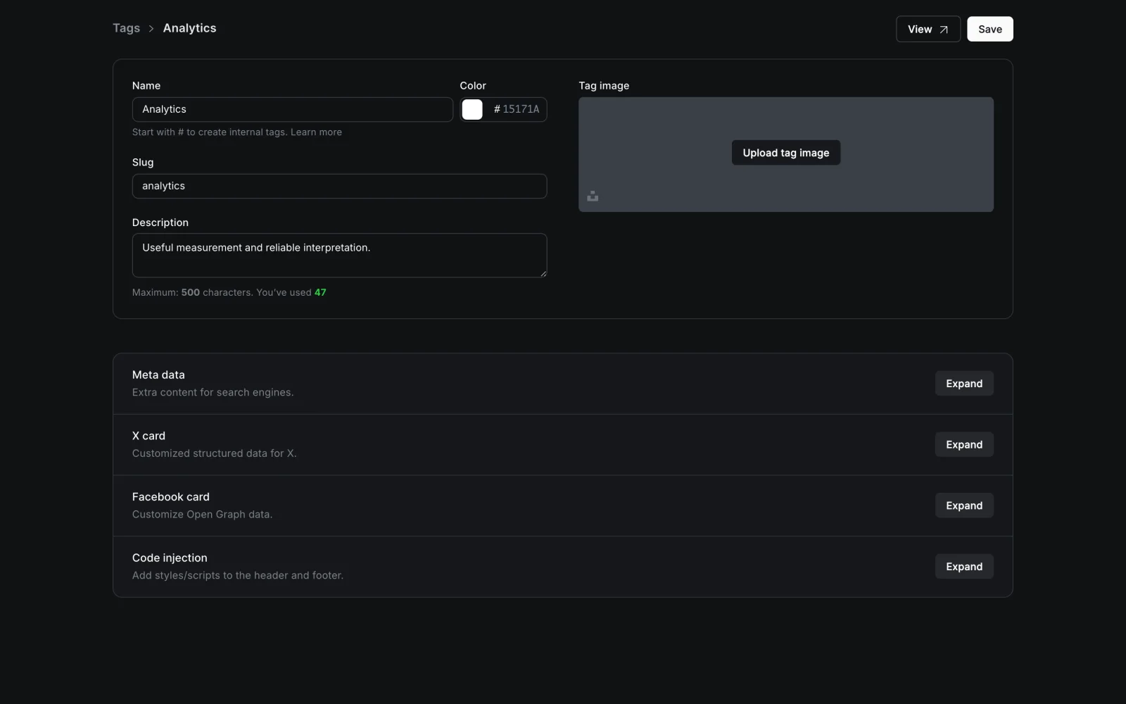 Analytics Tag Detail with Taxonomy and Metadata Controls