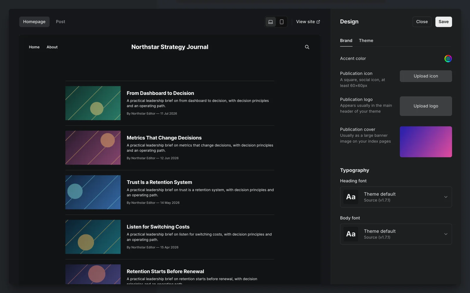 Design and Branding Settings with Dark Site Preview, Brand Assets, and Typography