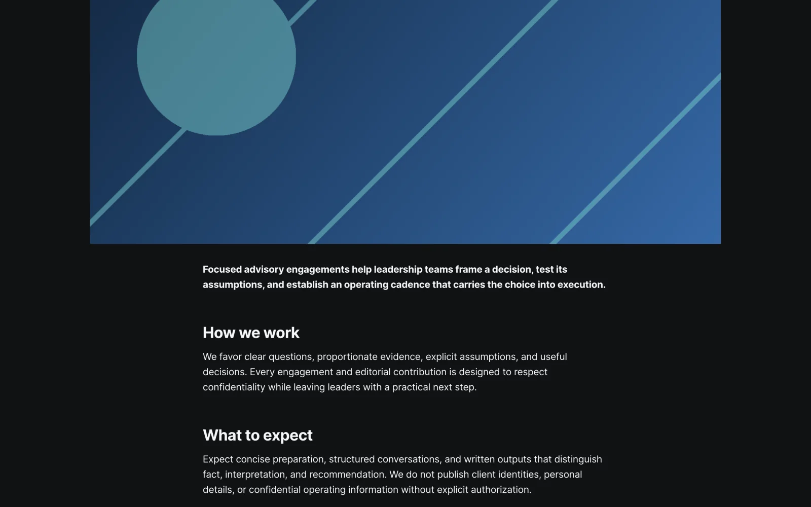 Dark Advisory Page Artwork, Engagement Brief, and Operating Sections