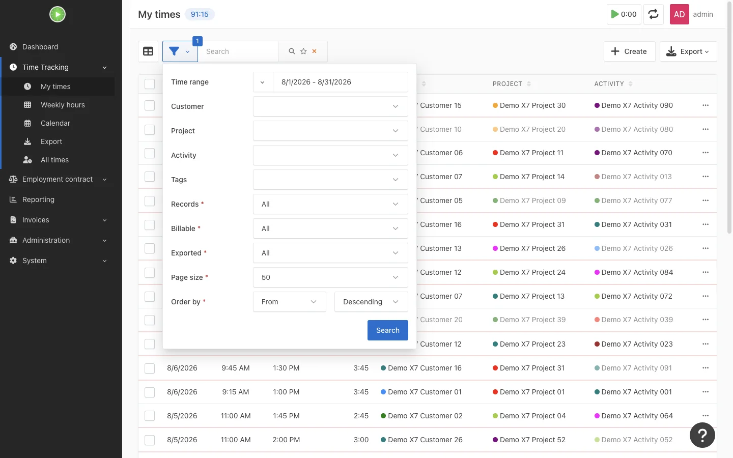 Timesheet filtering options