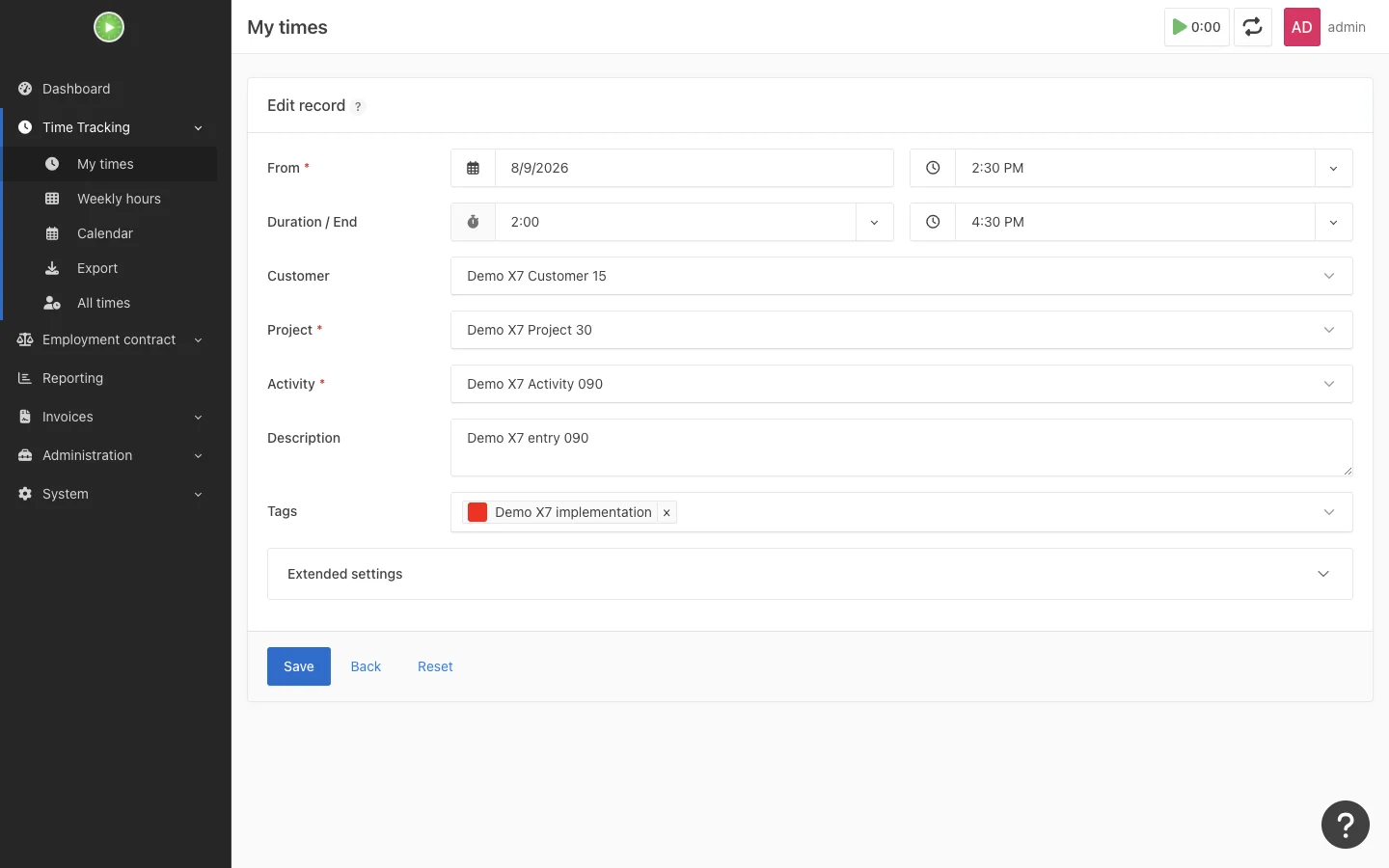Timesheet entry details