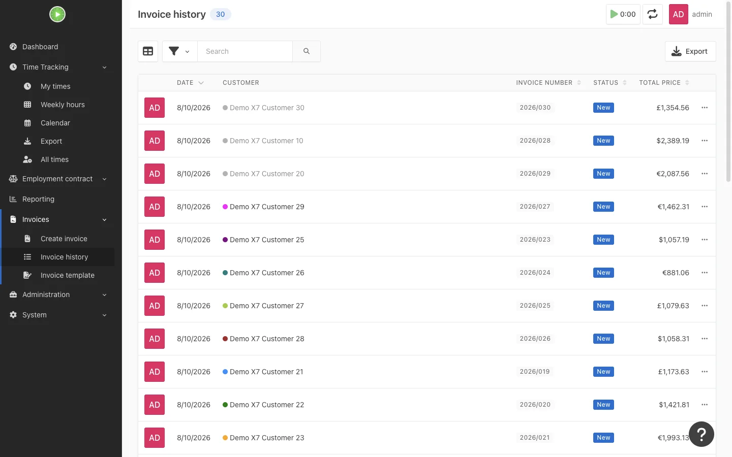 Invoice history