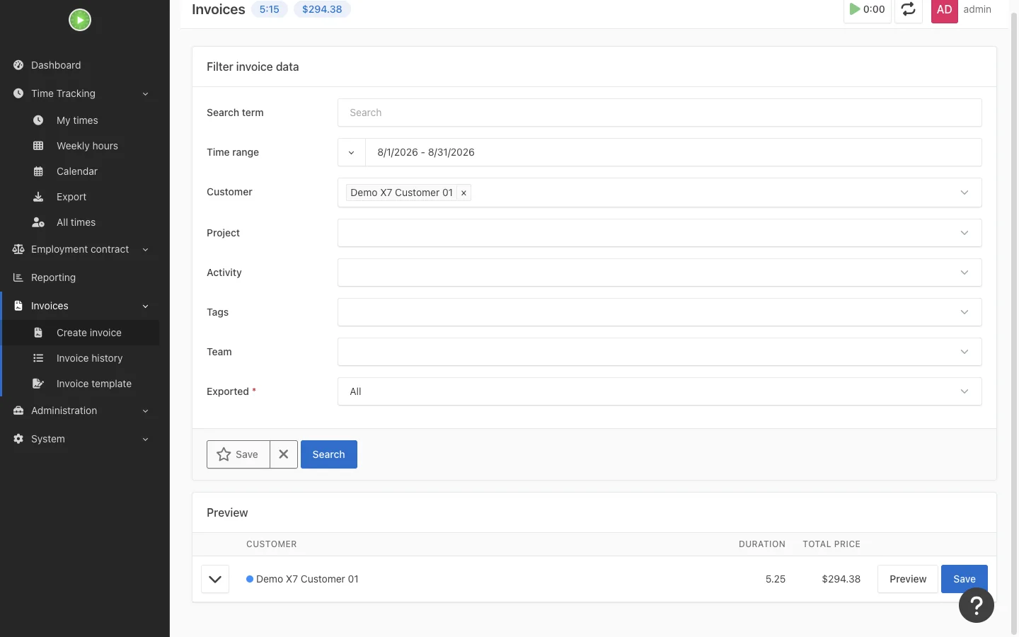 Invoice creation preview