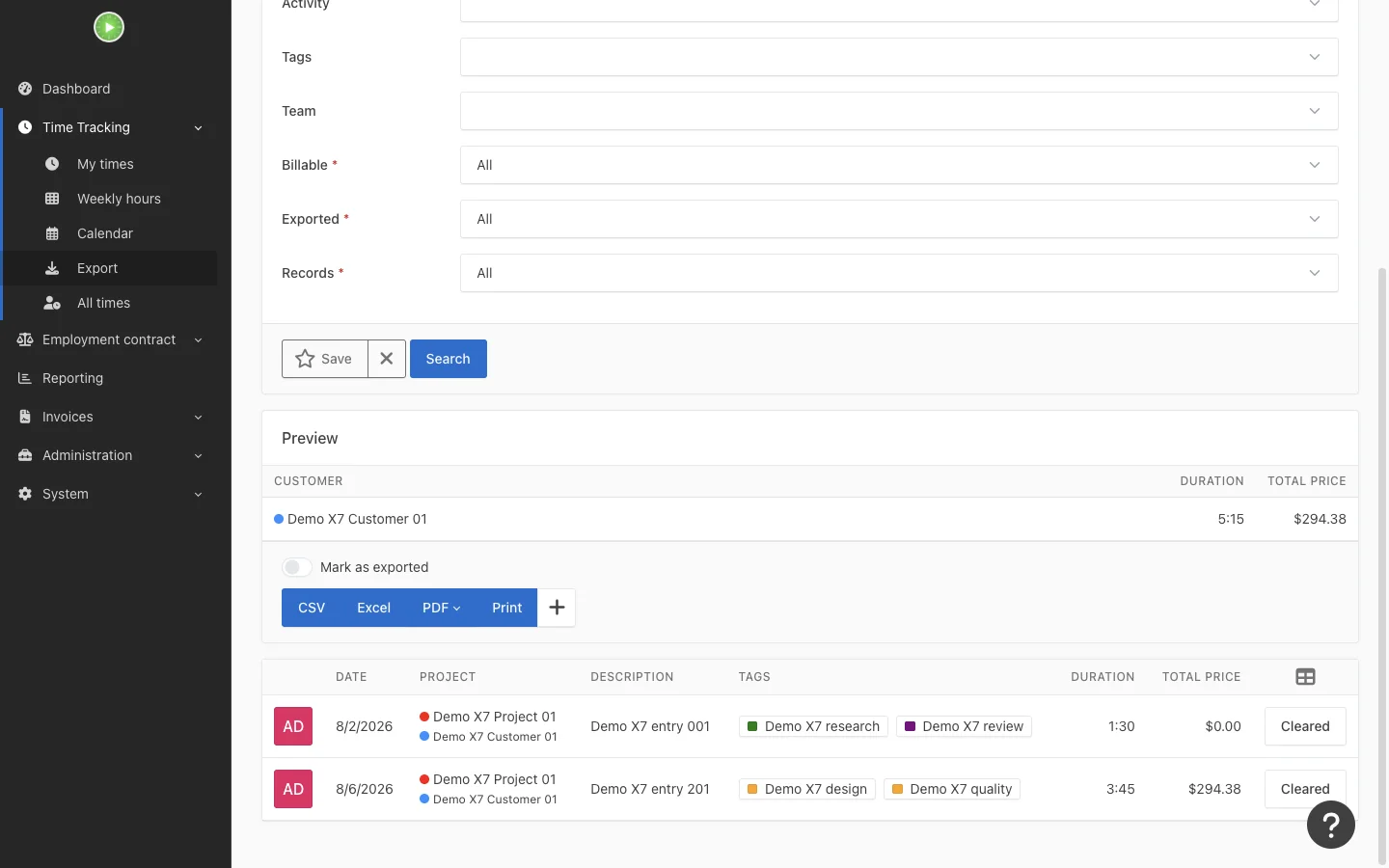 Timesheet export preview