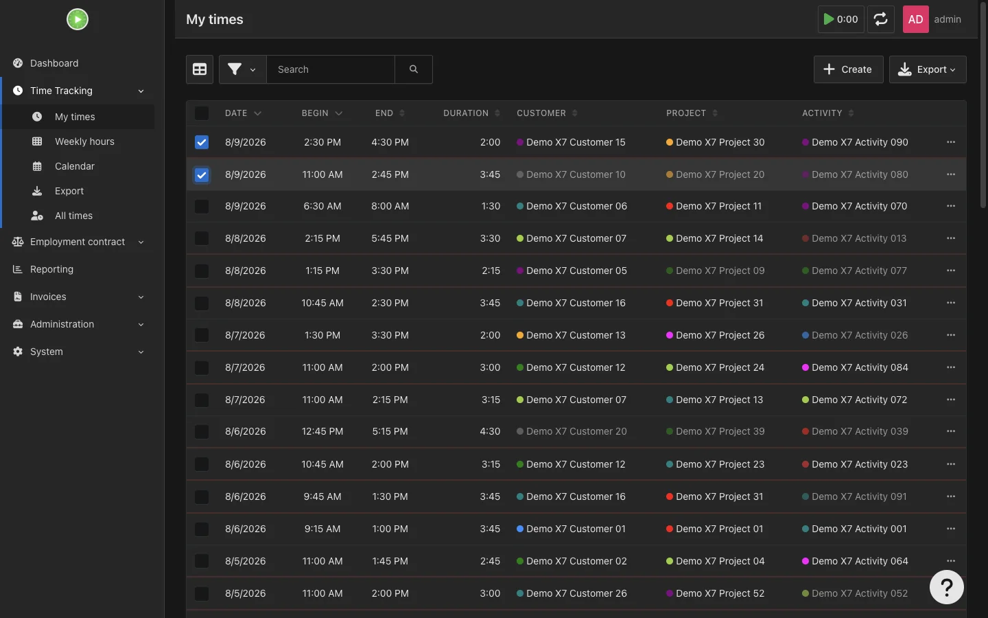 Bulk timesheet selection