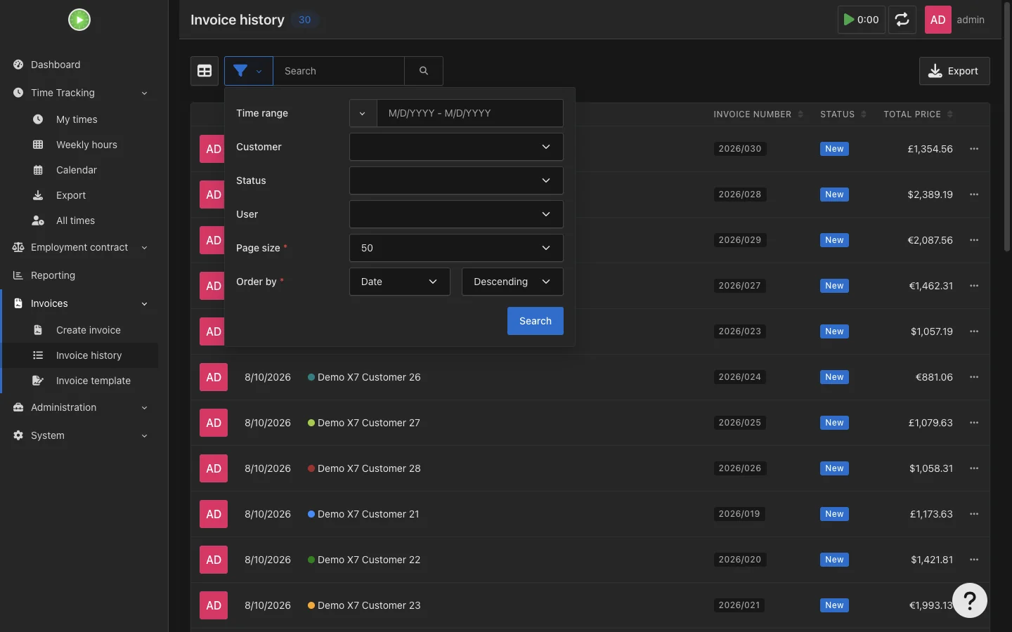 Invoice history filters