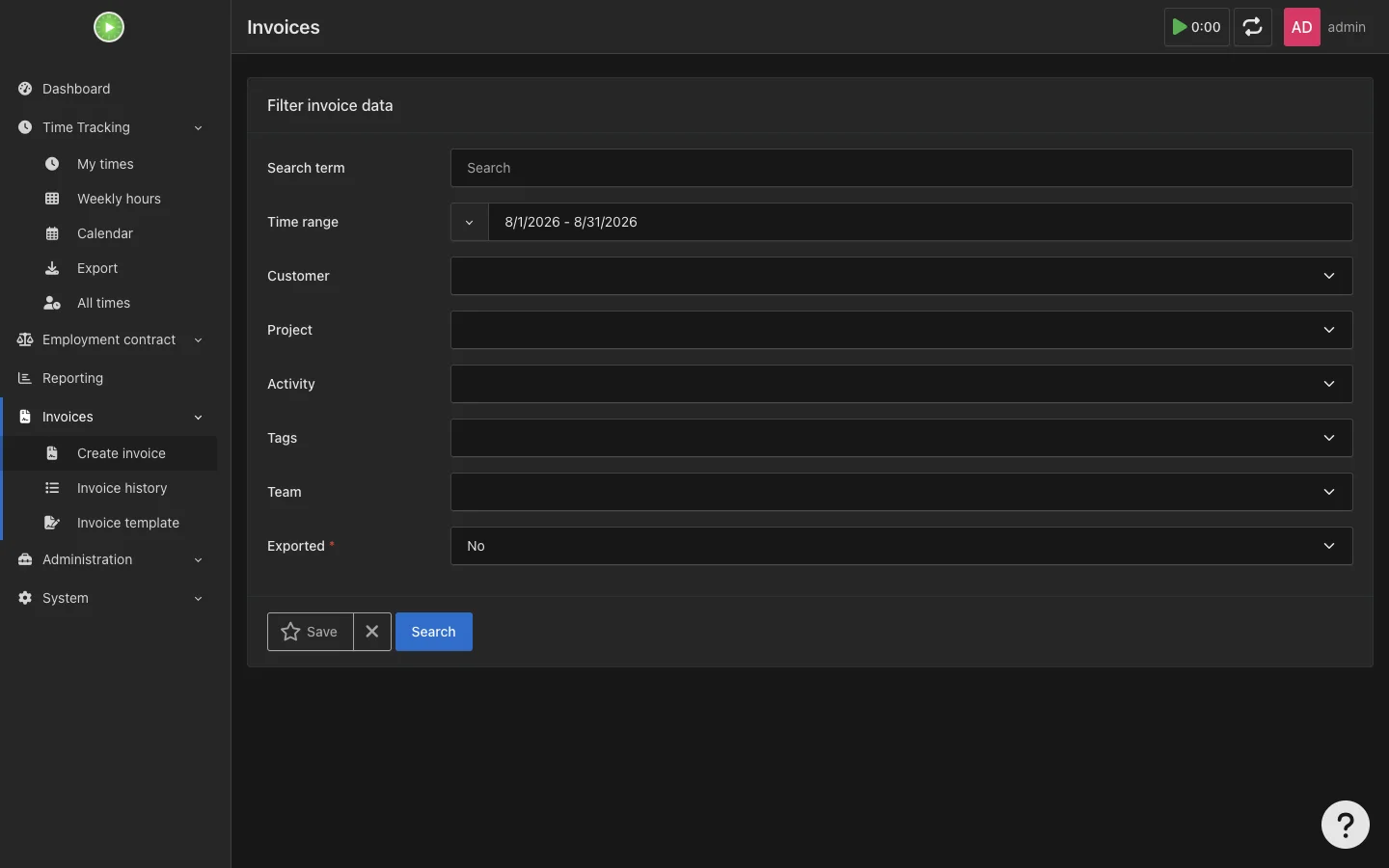 Invoice creation filters