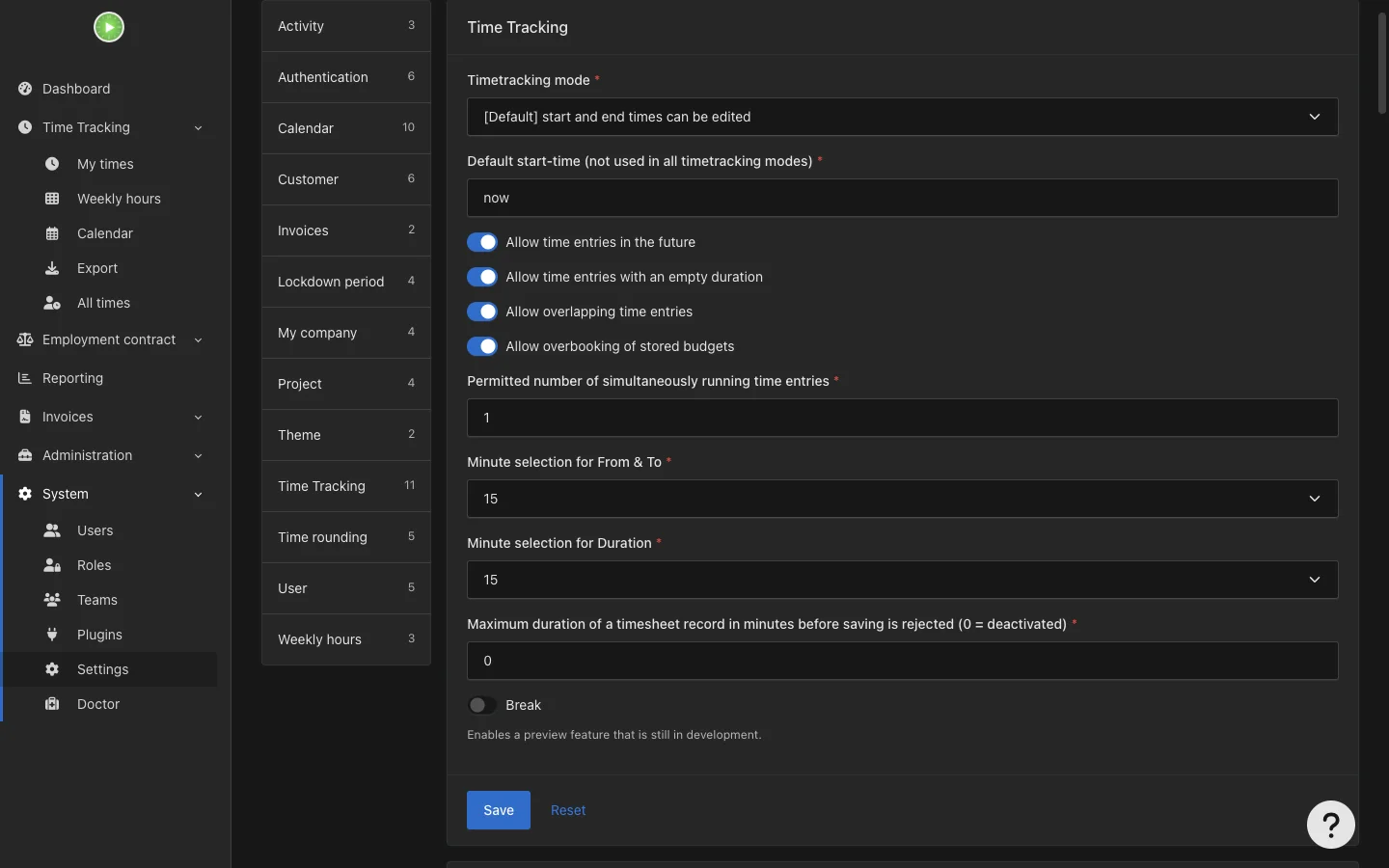 Time tracking defaults