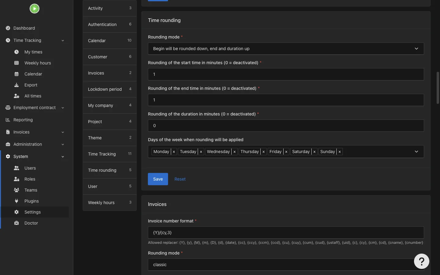 Rounding and invoice numbering settings