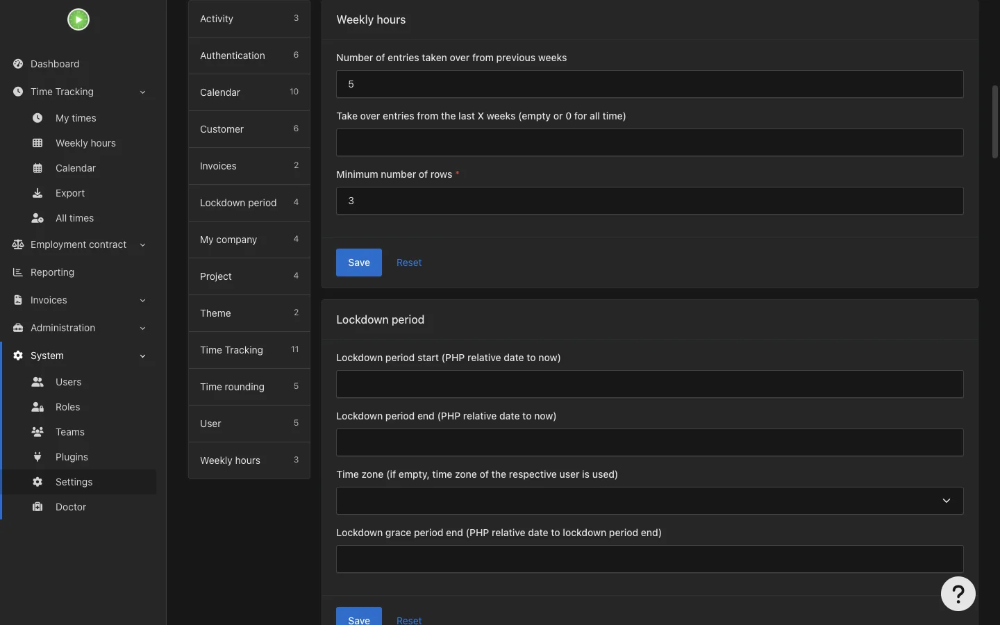 Weekly hours and lockdown settings