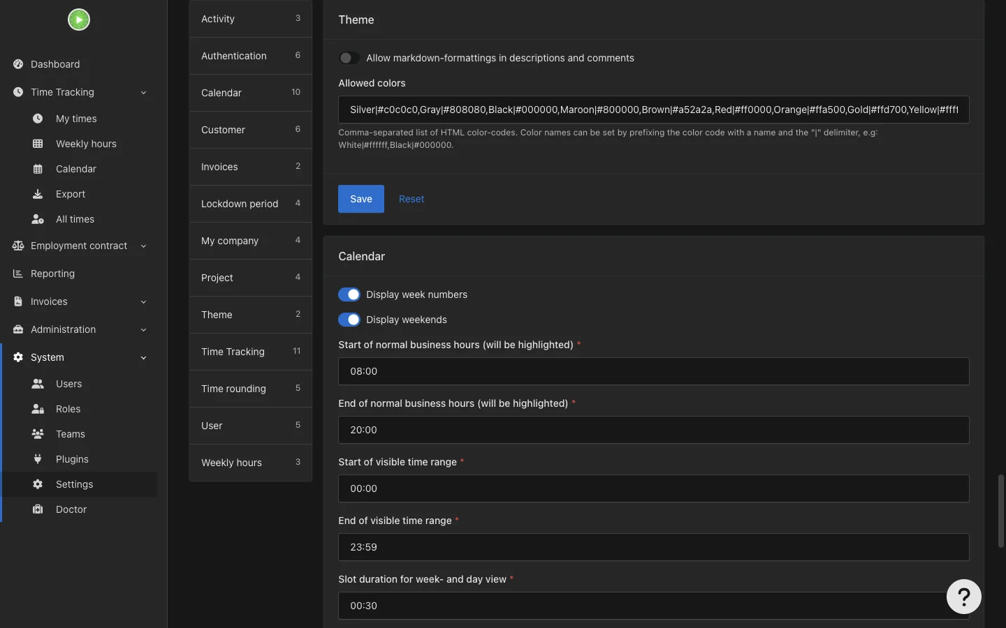 Theme and calendar settings