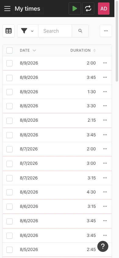 Mobile timesheet entries list