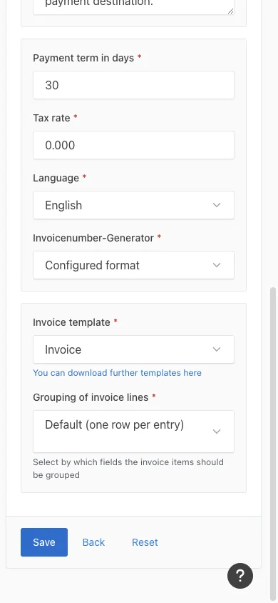 Mobile invoice template format settings
