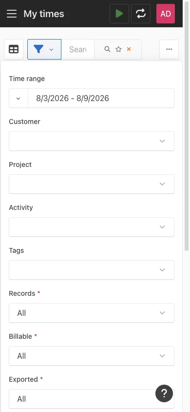 Mobile timesheet filters