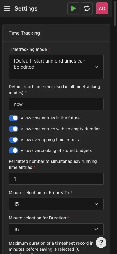 Mobile time tracking settings