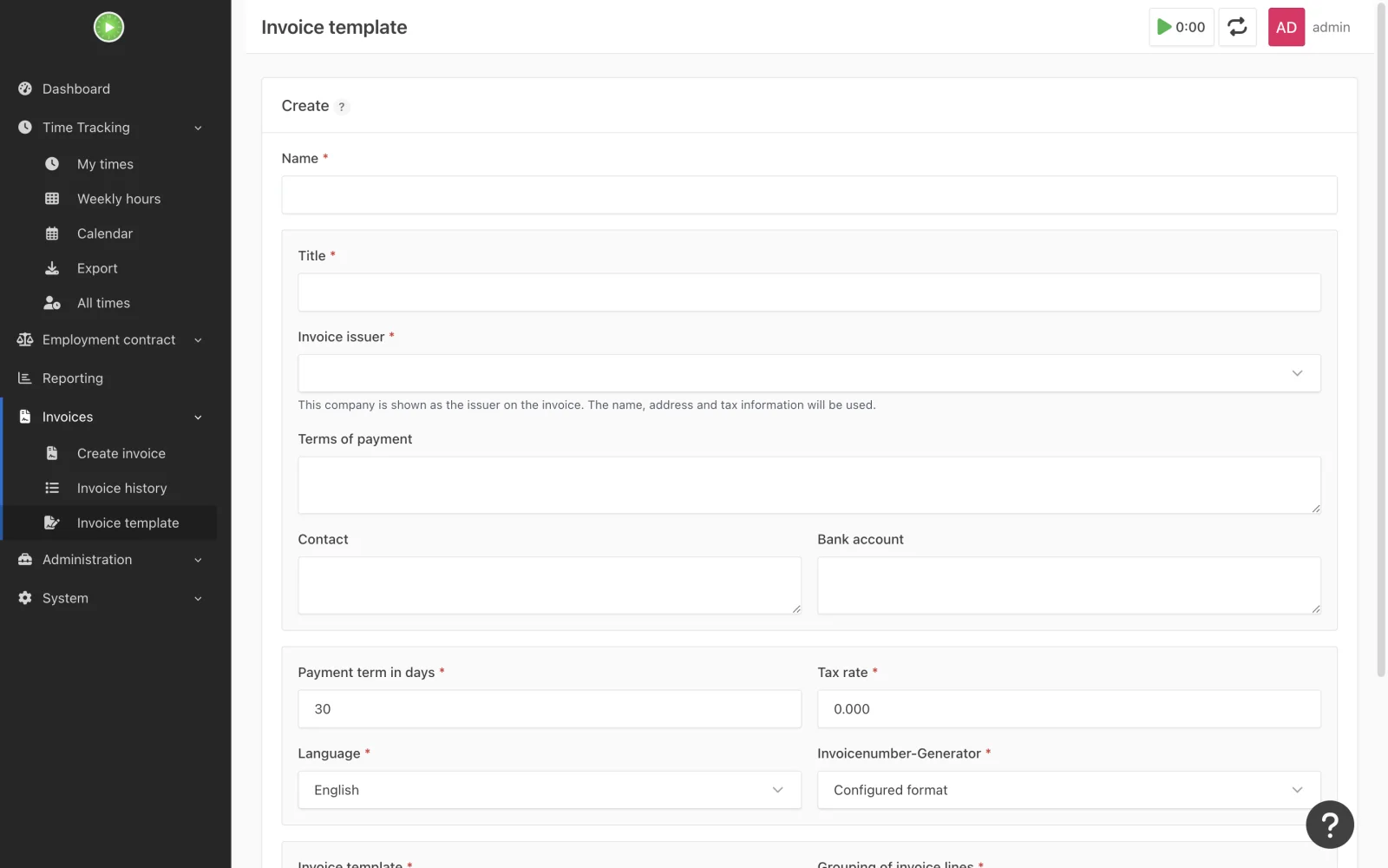 Invoice template creation form