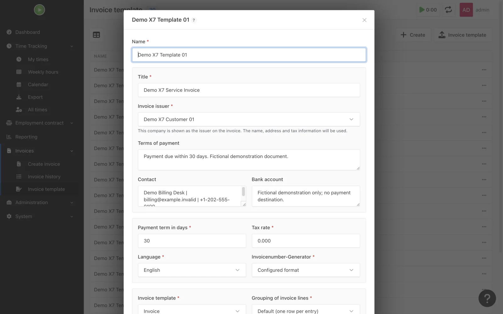 Invoice template details and format options