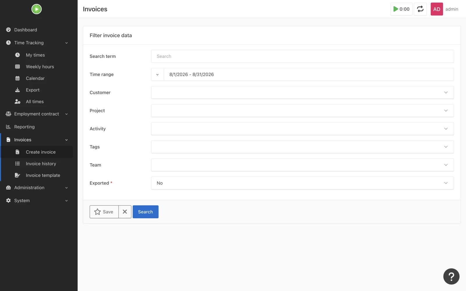 Invoice creation filters