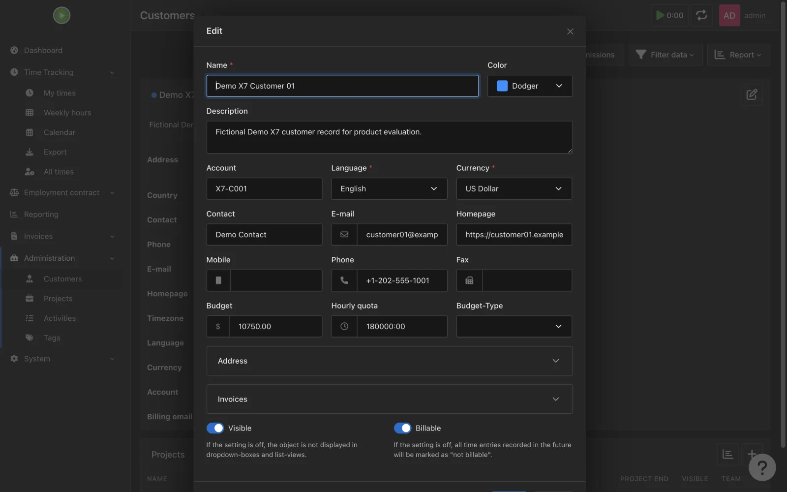Customer settings panel