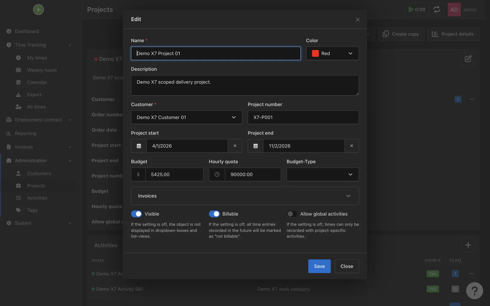 Project settings panel