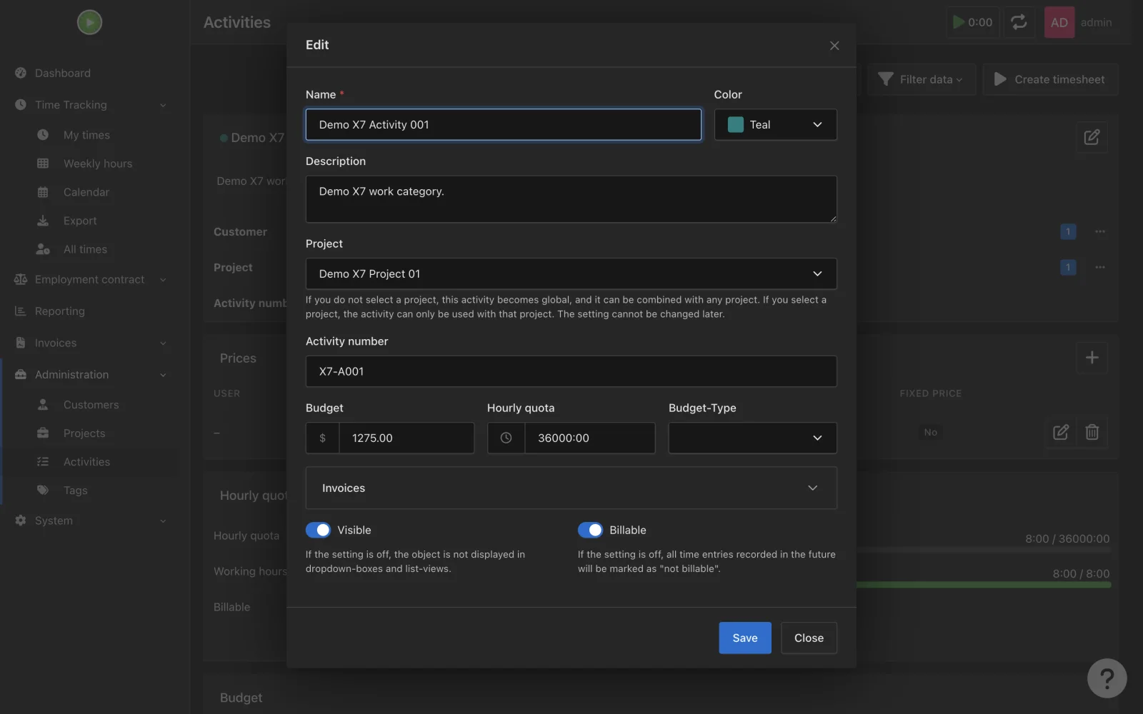 Activity settings panel