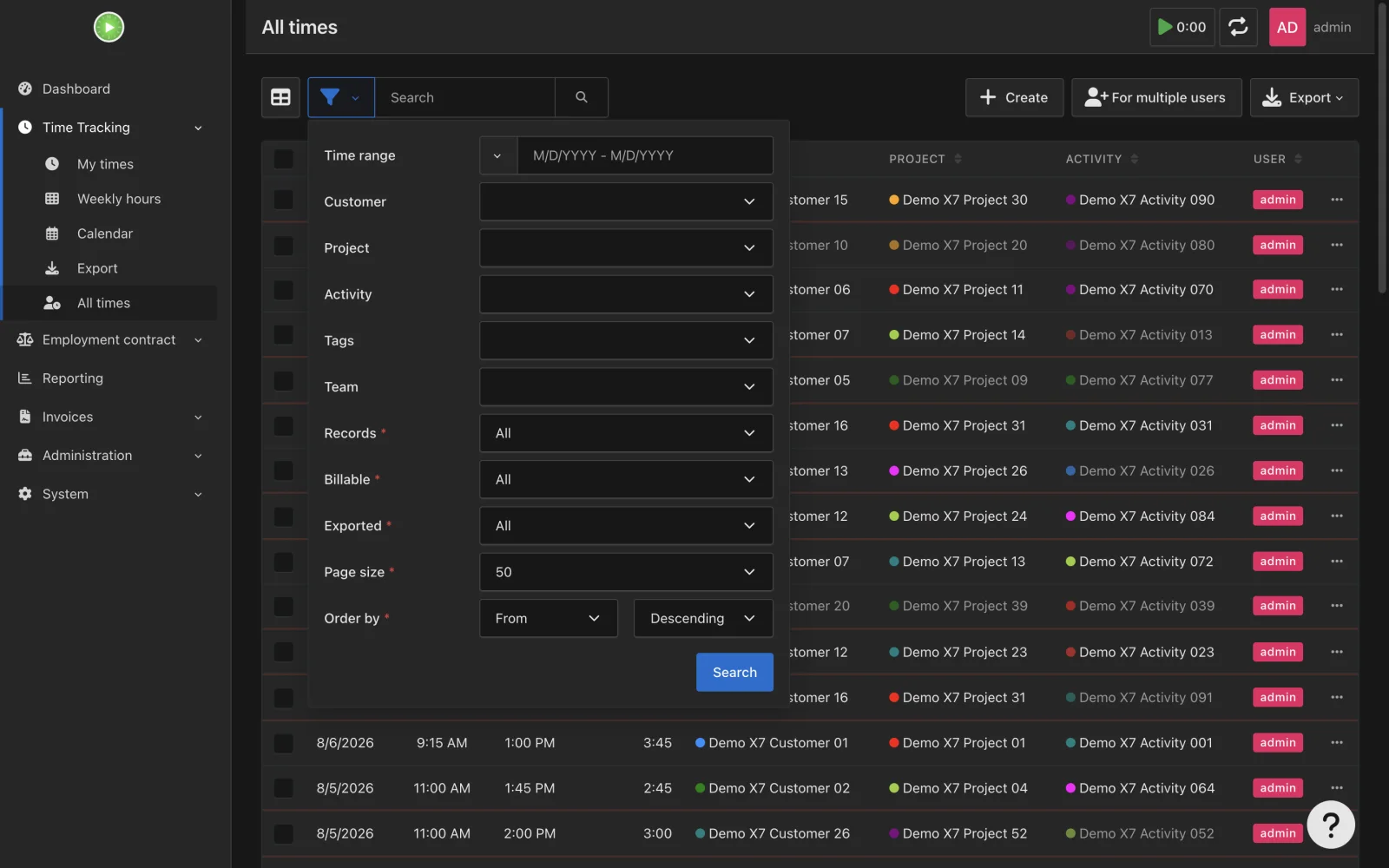 All times administrative list and filters